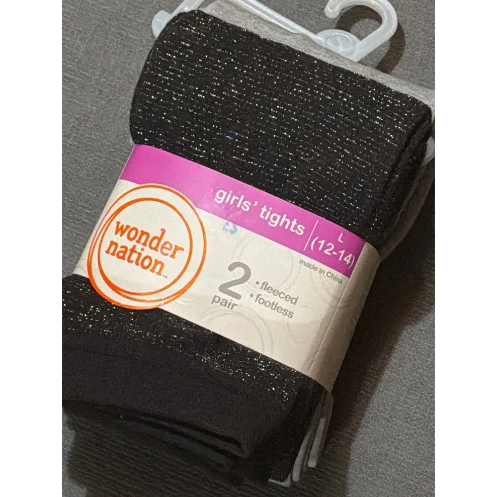 NWT Wonder Nation Girls 2-Pack Large 12-14 Black/Grey Fleeced Footless‎ Tights